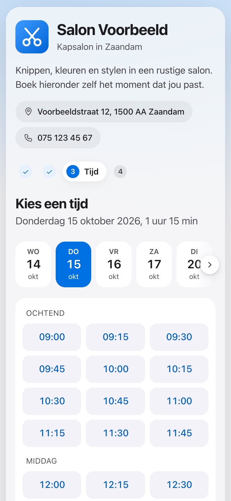 Stap 3: de klant kiest een van de vrije tijden.