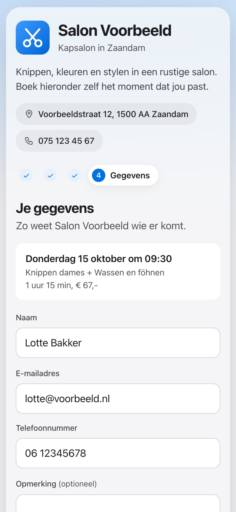 Stap 4: de klant vult naam, e-mailadres en telefoonnummer in.