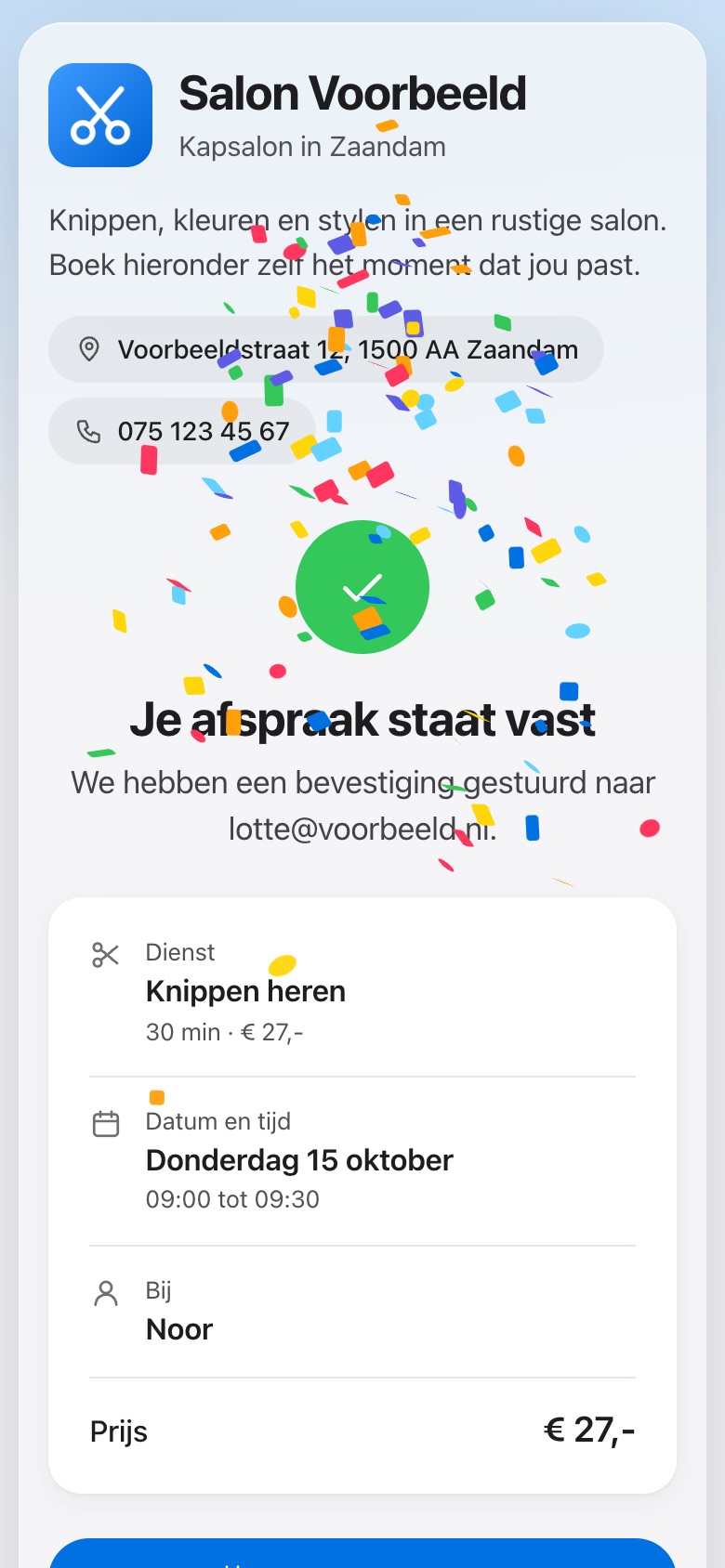 De afspraak staat vast: een overzicht met dienst, datum, tijd en medewerker.